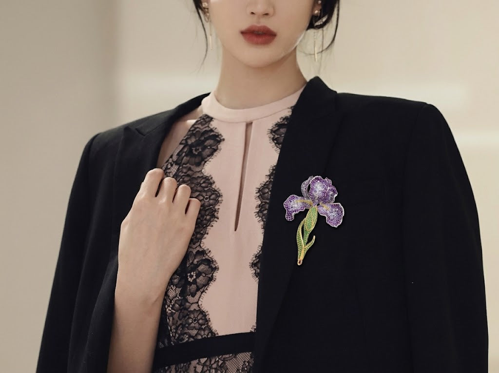 Luxurious French Gradient Purple Iris Flower Brooch Pin & Matching Bracelet Jewelry Gift for Womenv