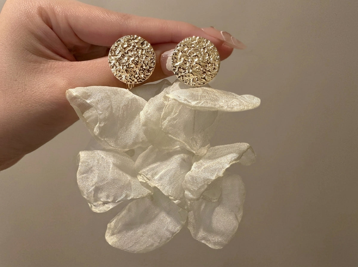 Handmade Chiffon Flower Petal Earrings, Long Floral Dangle Earrings, 925 Silver Post, Elegant Beach Vacation Jewelry Gift for Her