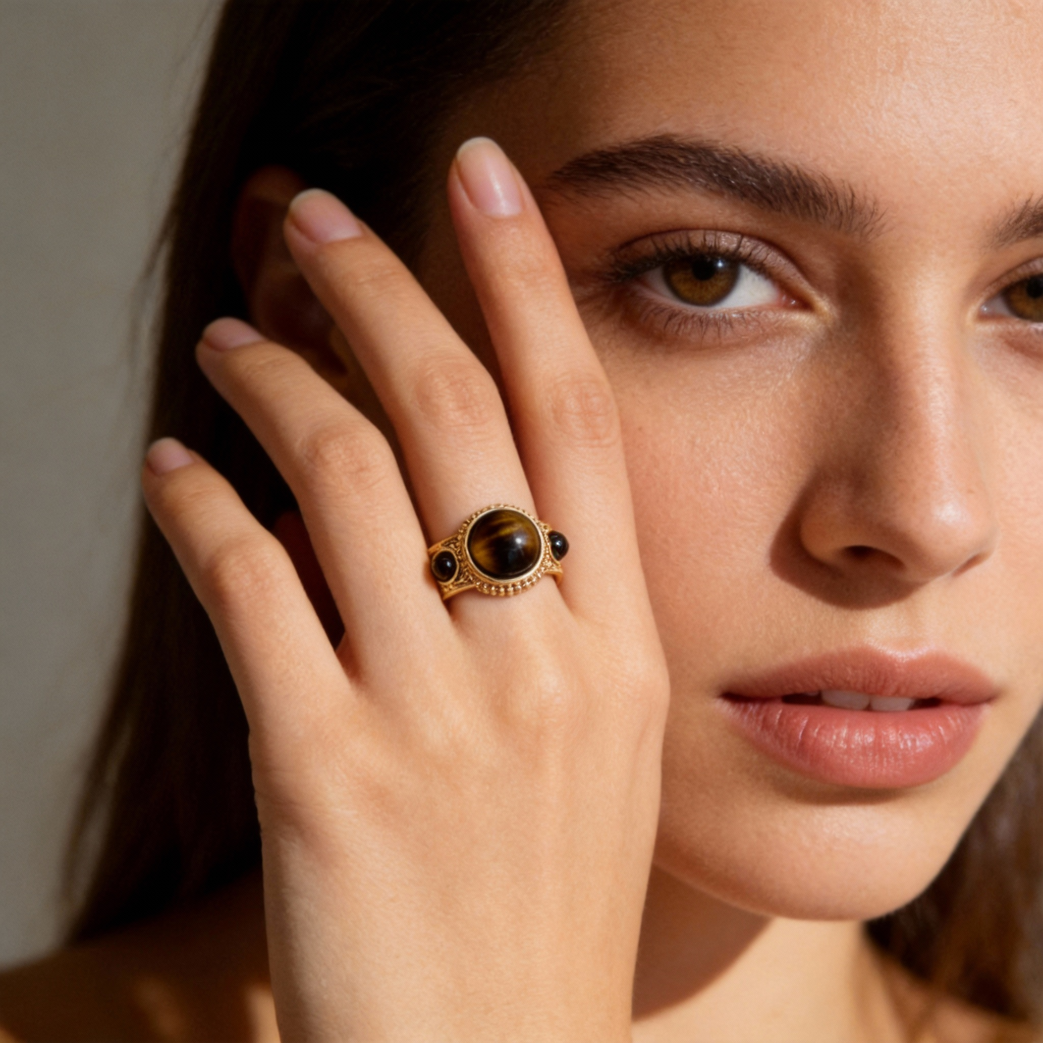 Tiger Eye Gold Vintage Dome Open Adjustable Statement Ring