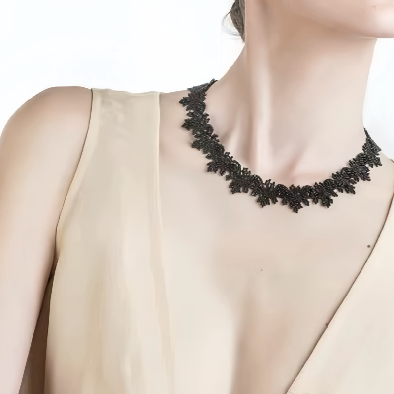 Hand-Tatted Black Spinel Lace Necklace & Bracelet Set Sparkling Statement Jewelry for Women