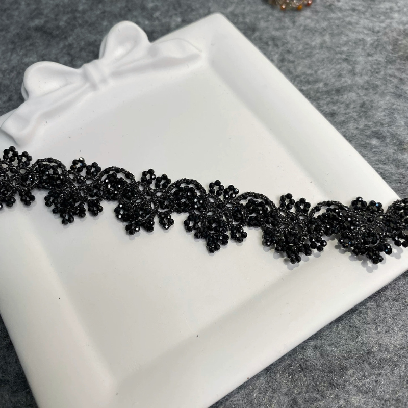 Hand-Tatted Black Spinel Lace Necklace & Bracelet Set Sparkling Statement Jewelry for Women