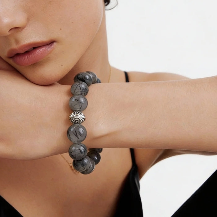 Black Rutilated Quartz Silver Protection Bracelet