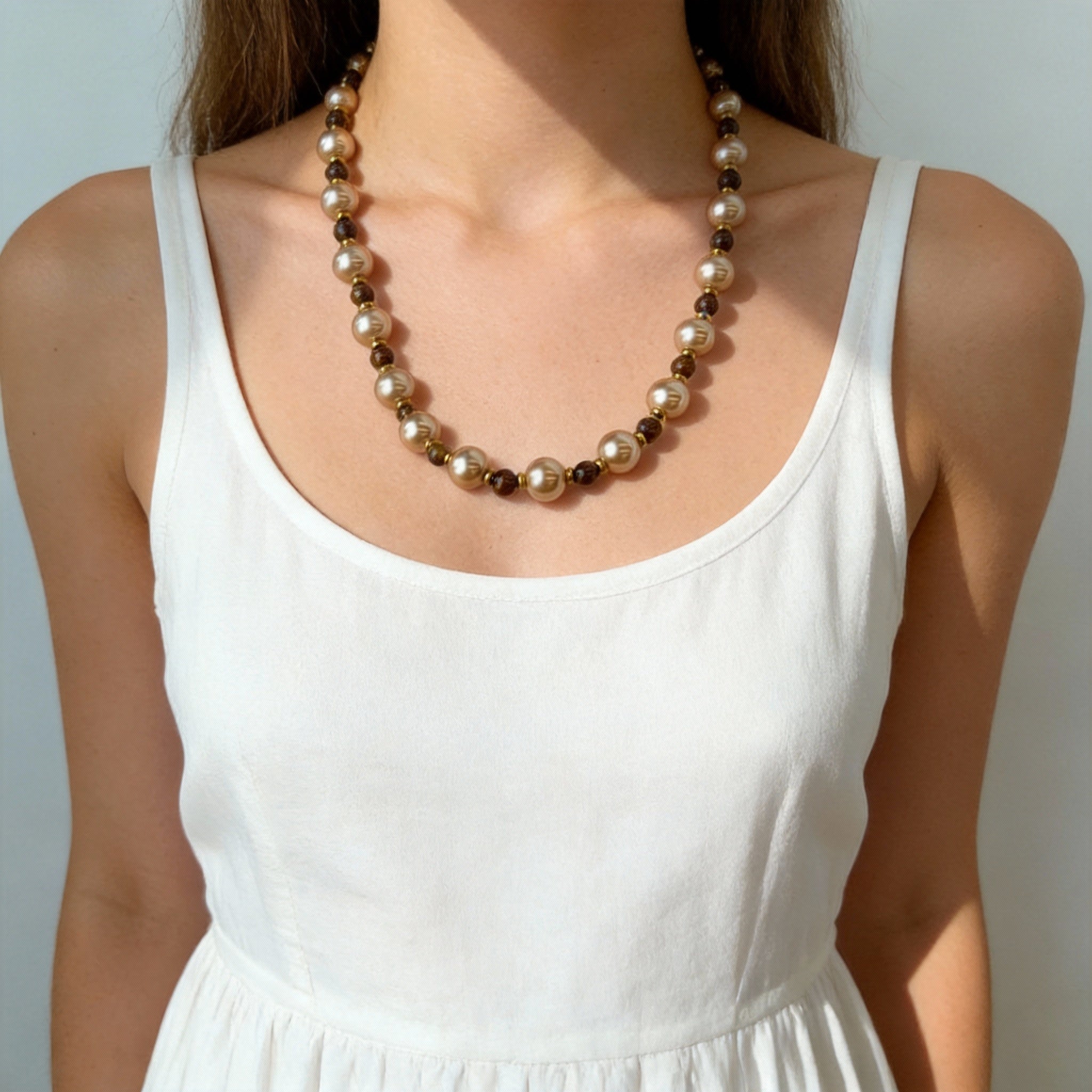 Pearl Alternating Beaded Design Gold Accented Necklace