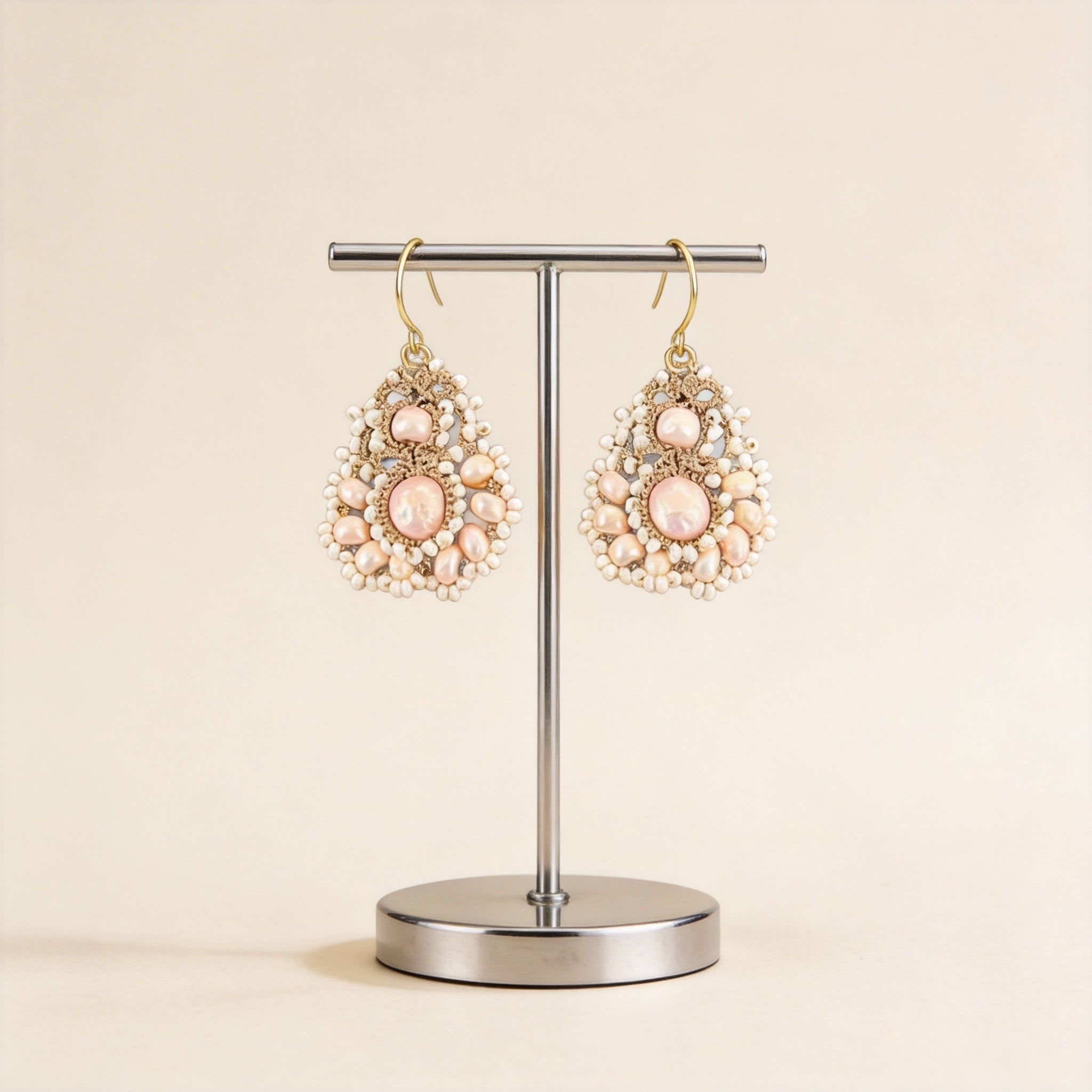 Handmade Lace Tatting Vintage Pearl Beaded Elegant Earrings