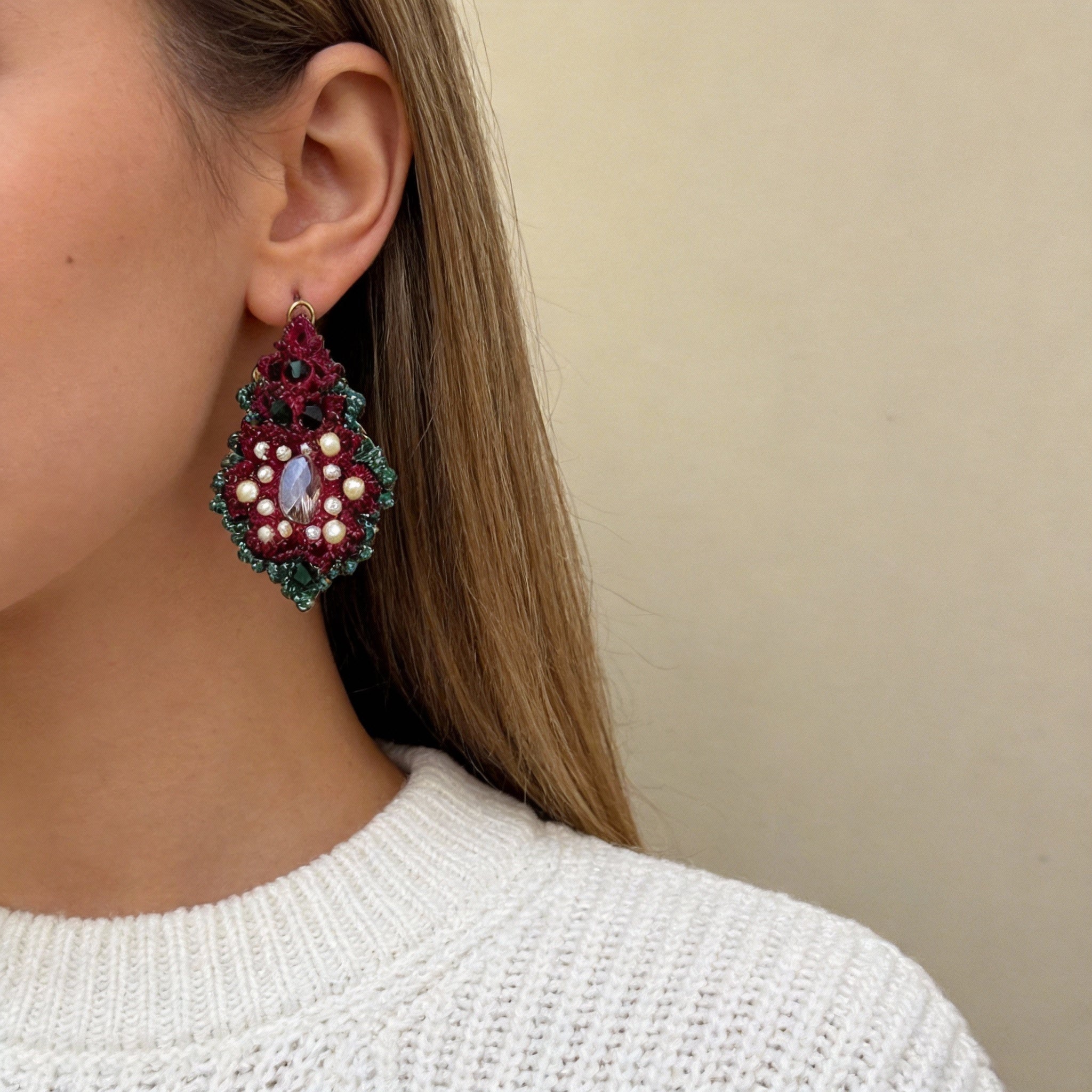 Christmas Tatting Lace Beaded Pearl Crystal Handmade Earrings