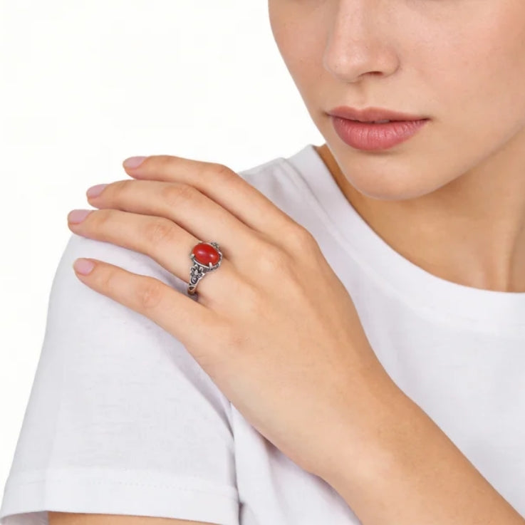 Red Agate Turquoise Silver Healing Ring
