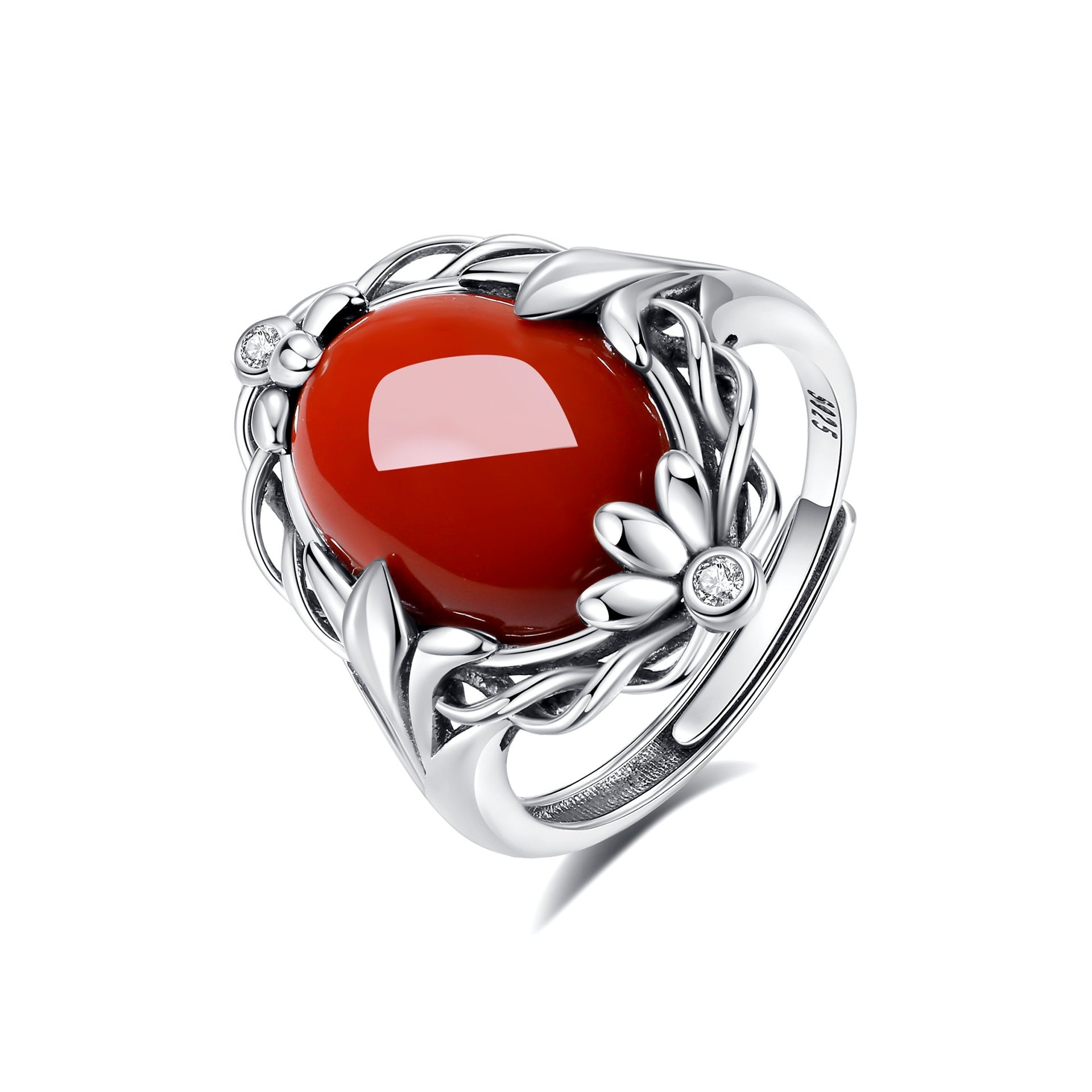 Red Agate Lotus Silver Healing Ring