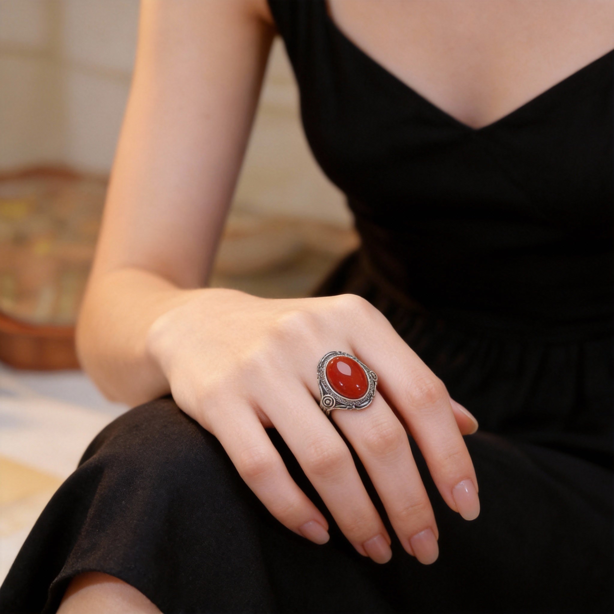 Red Agate Silver Cloud Healing Ring