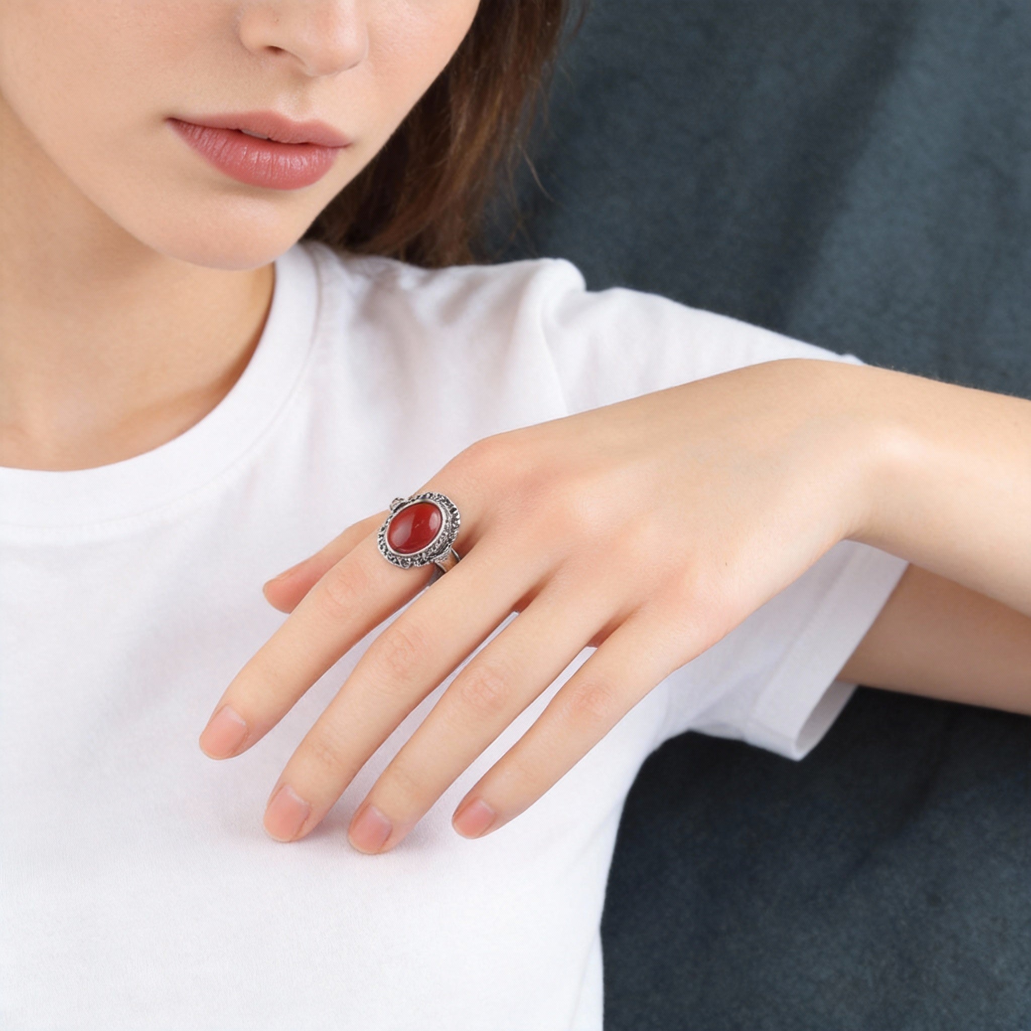 Red Agate Vintage Silver Adjustable Ring