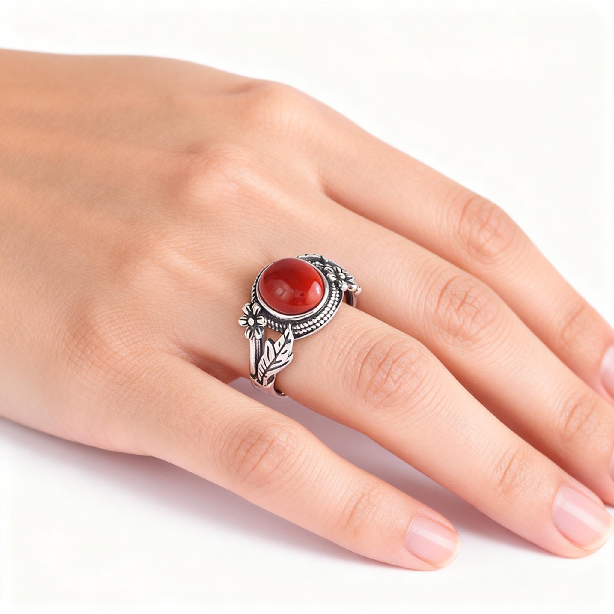 Turquoise Red Agate Silver Protection Ring