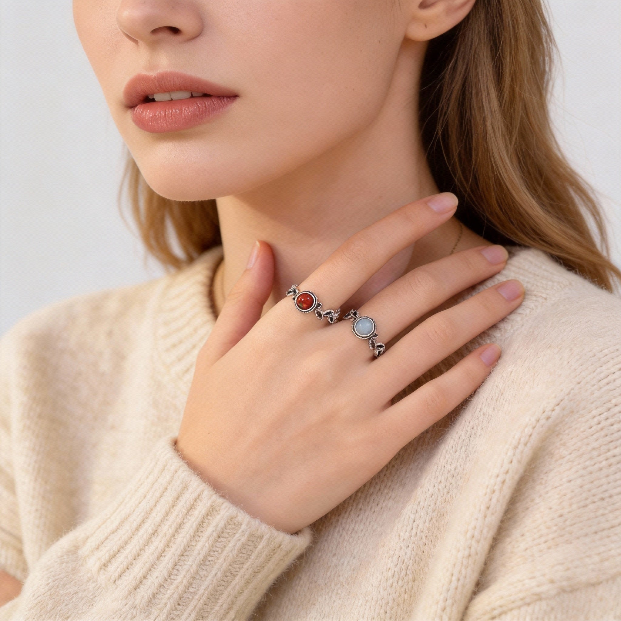 White Jade Red Agate Silver Healing Ring