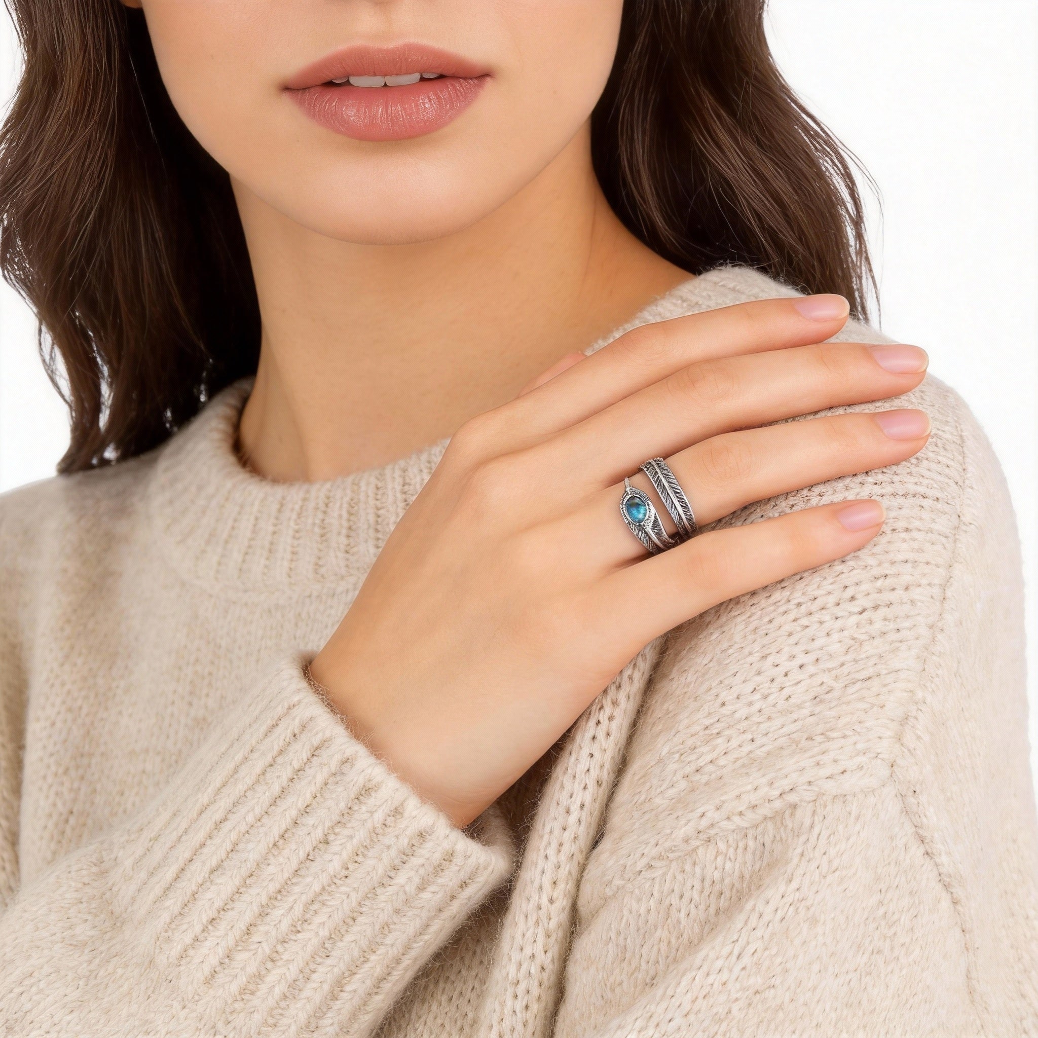Turquoise Feather Silver Healing Ring
