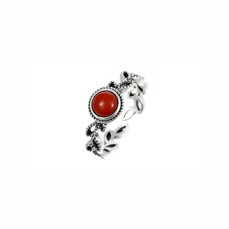 White Jade Red Agate Silver Healing Ring