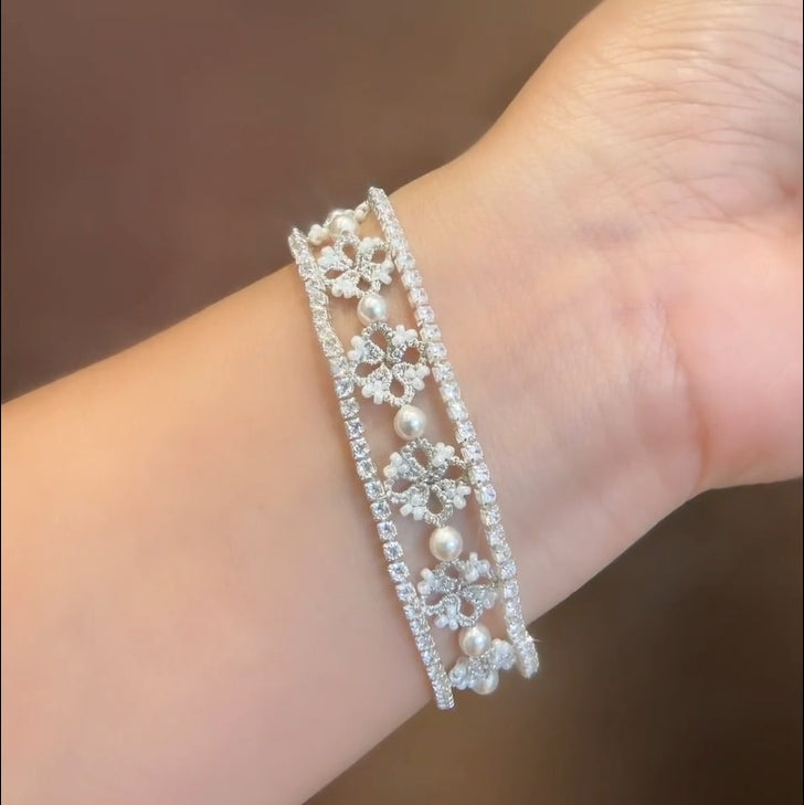 Hand Woven French Lace Pearl Crystal Beaded Floral Bracelet