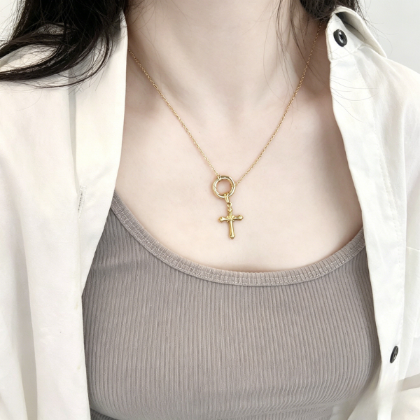 Handcrafted Gold Cross Necklace, Vintage Minimalist Pendant Layering Jewelry, Aesthetic Gothic Choker Gift for Her Men