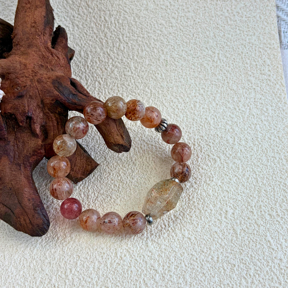 Golden Rutilated Quartz Silver Abundance Confidence Energy Crystal Bracelet