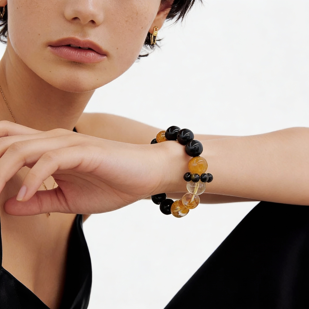 Obsidian Golden Rutilated Quartz Wealth Protection Bracelet