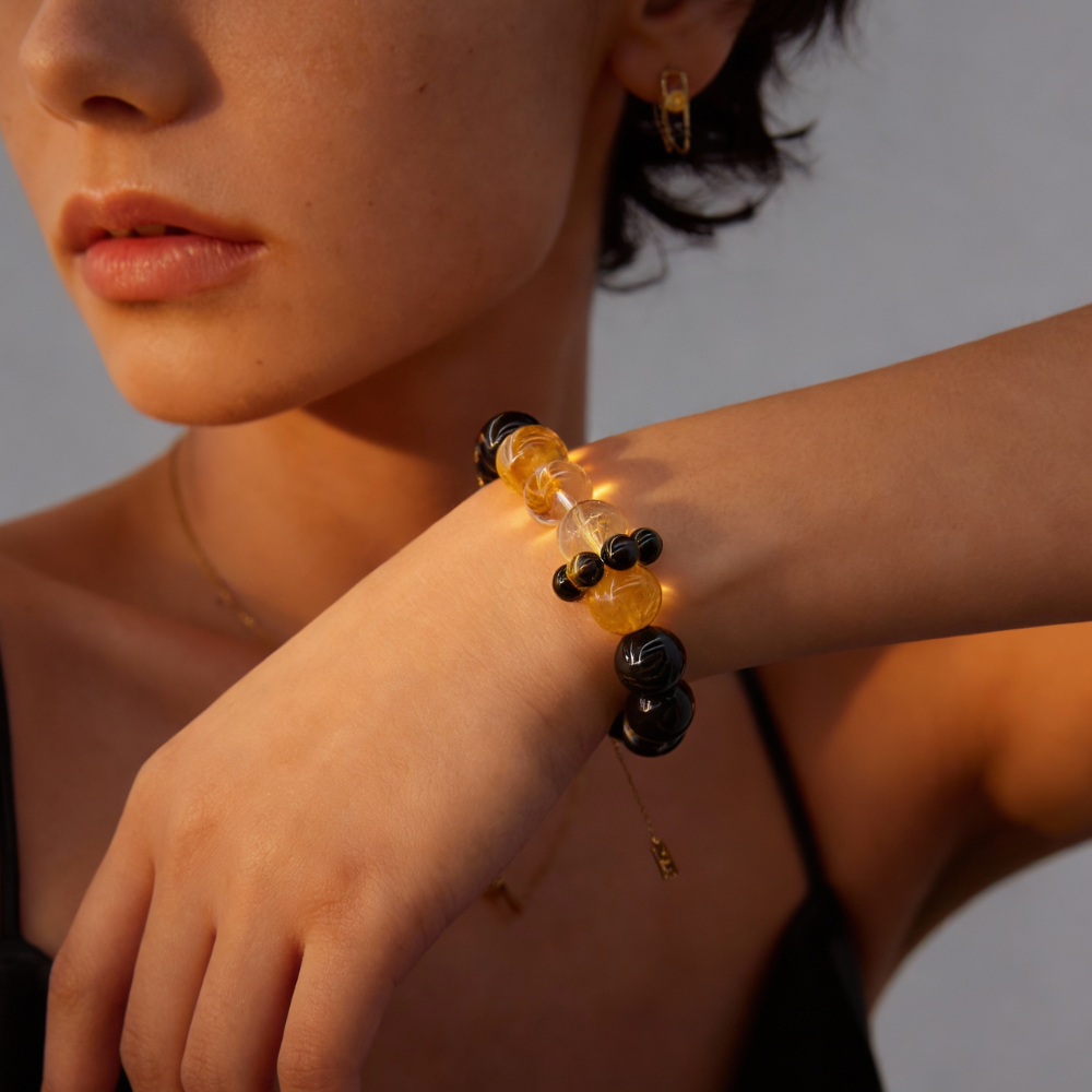 Obsidian Golden Rutilated Quartz Wealth Protection Bracelet