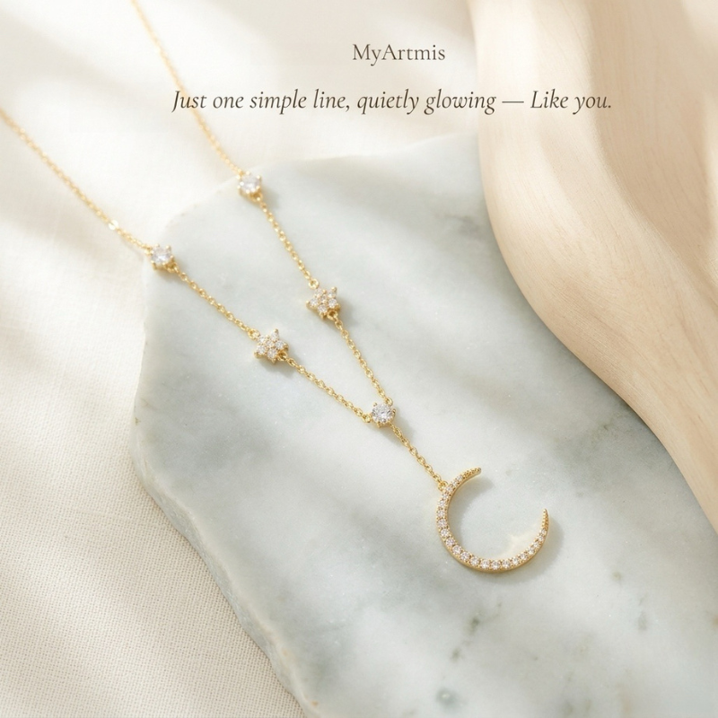 Crescent Moon Star Cubic Zirconia Gold Dainty Necklace