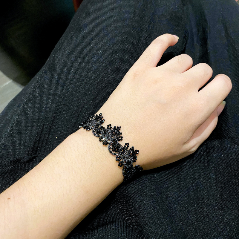 Hand-Tatted Black Spinel Lace Necklace & Bracelet Set Sparkling Statement Jewelry for Women