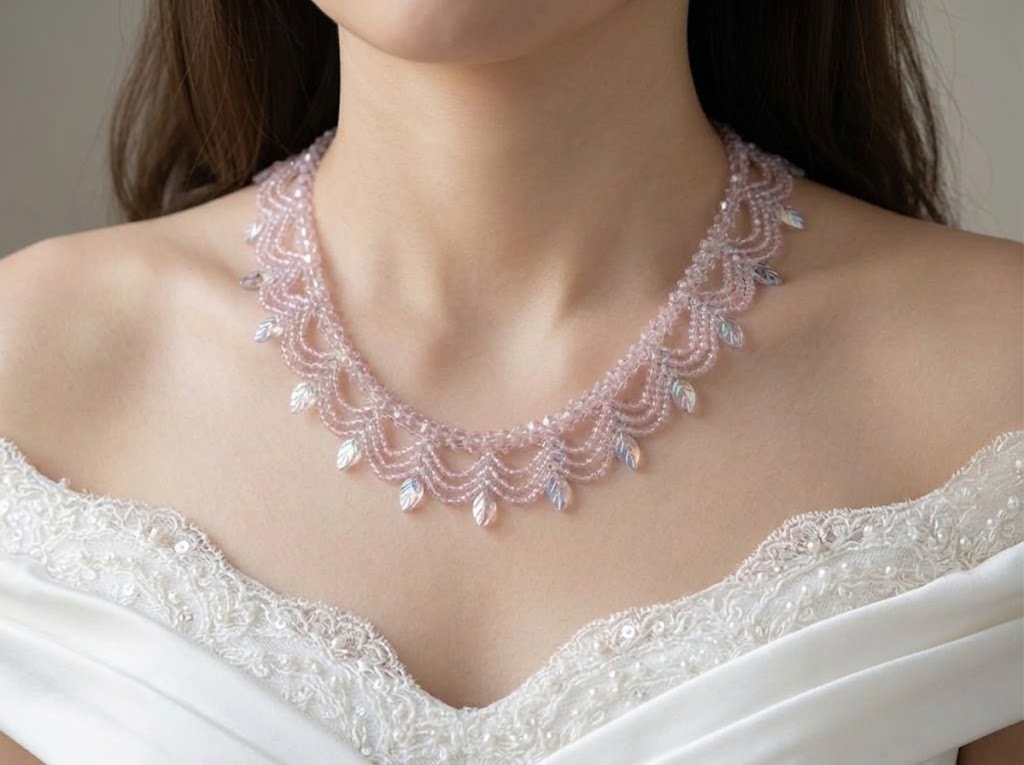 Handmade Glass Beaded Lace Choker Necklace, Iridescent Leaf Fringe Collar, Romantic Bridal Wedding Jewelry, Birthday Gift for Her