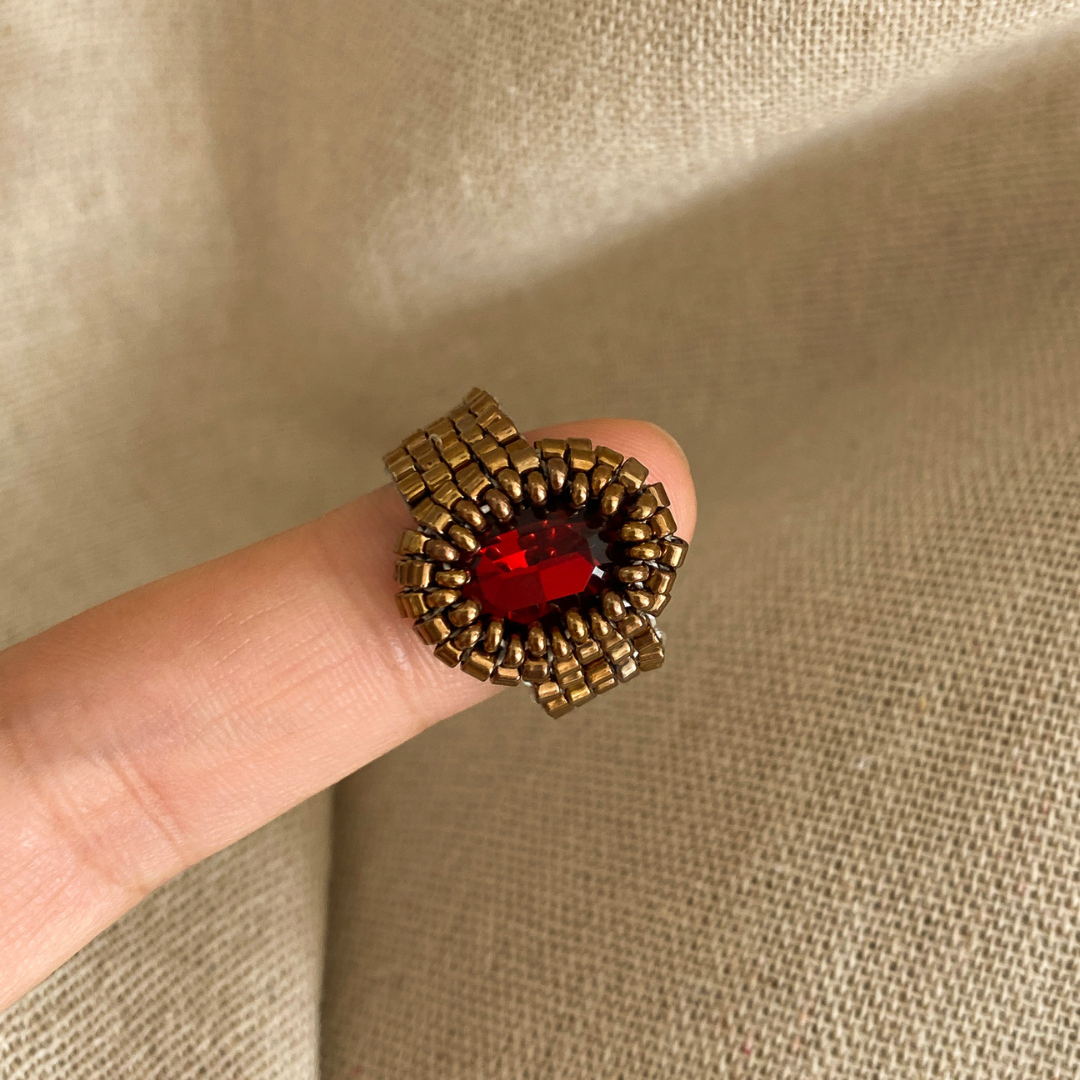 Handwoven Beaded Red Crystal Statement Ring Vintage Adjustable Ring