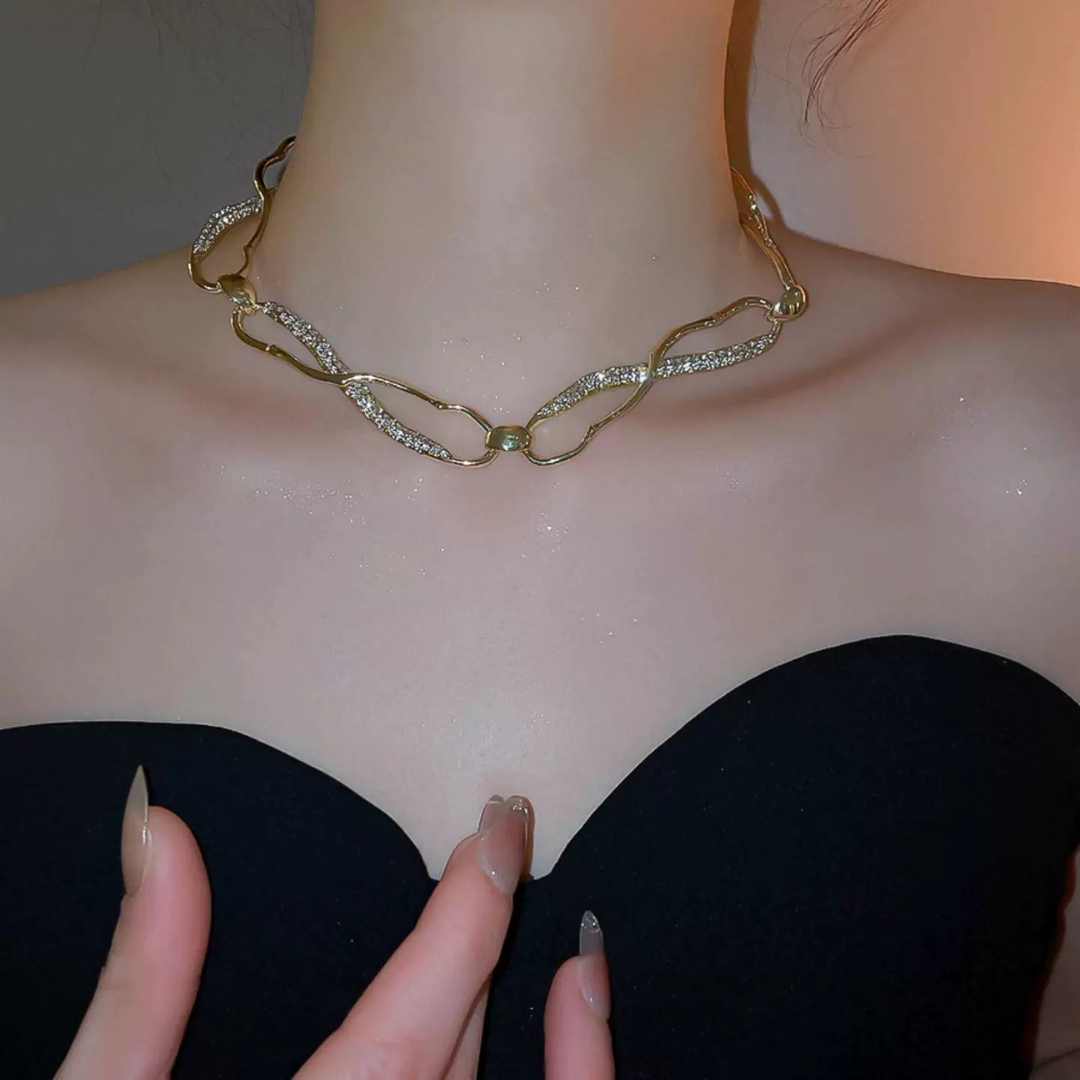 Gold Silver Chain Link Cubic Zirconia Statement Modern Necklace