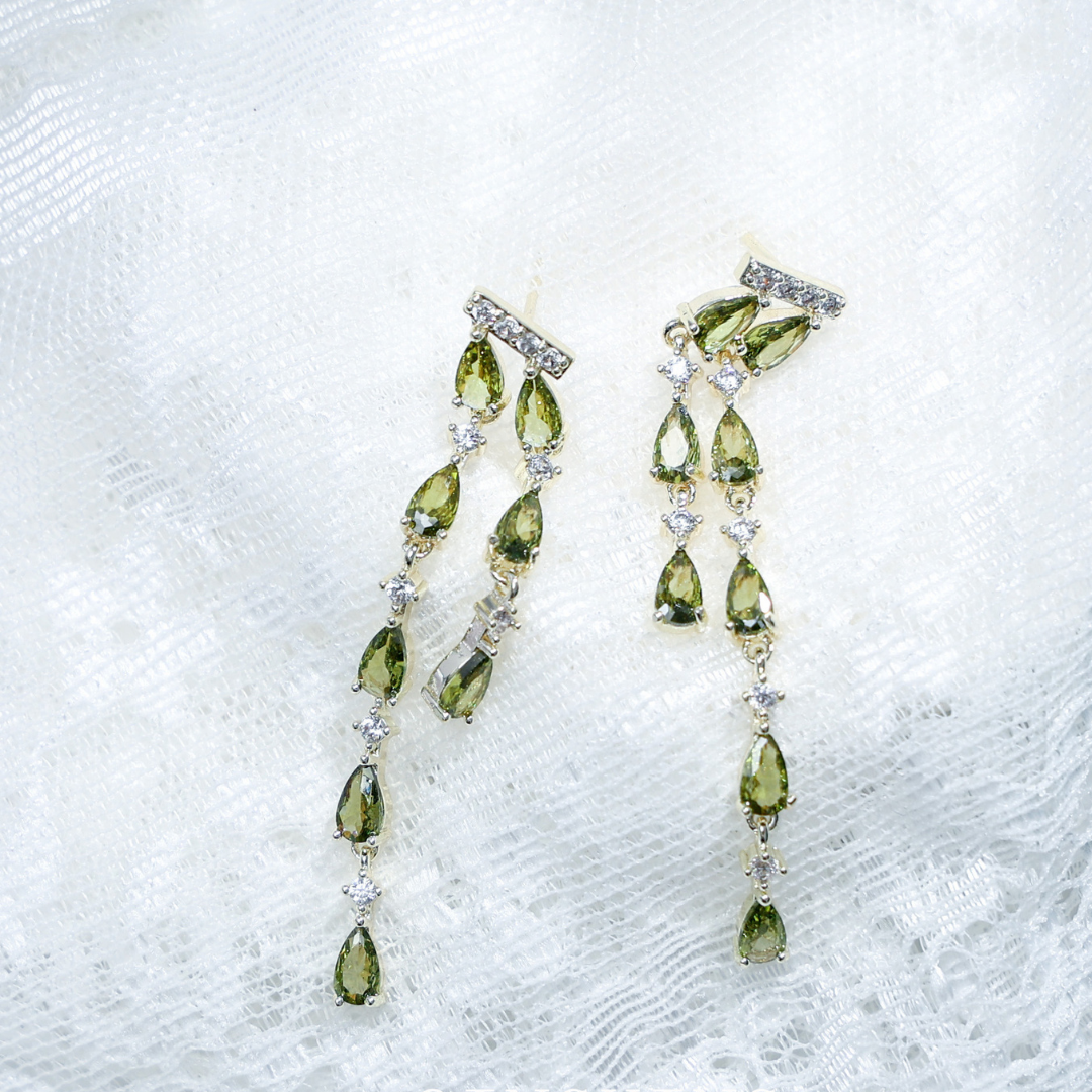 Green Teardrop Cubic Zirconia Dangle Elegant Statement Earrings
