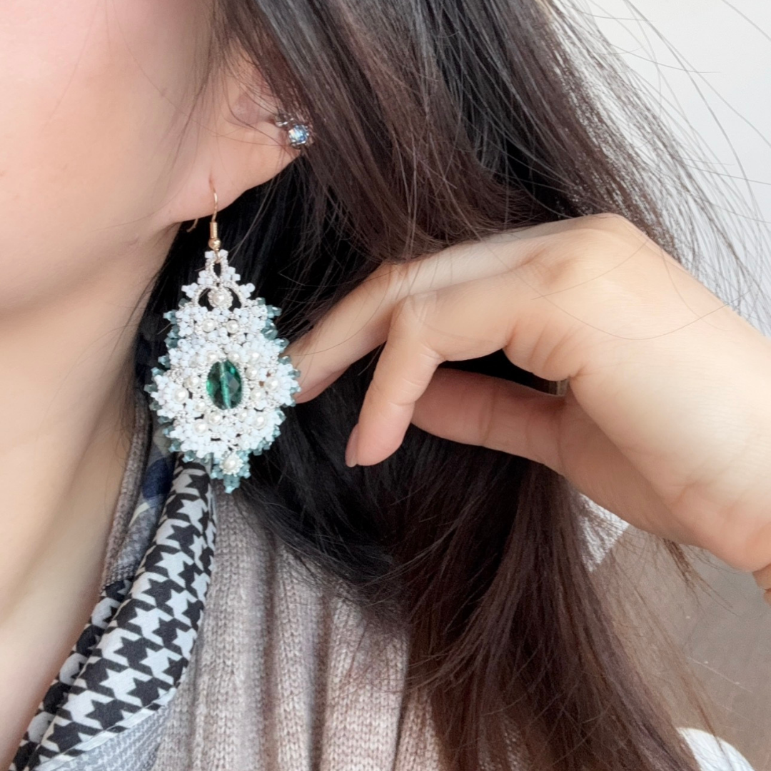 Handwoven Pearl Crystal Beaded Lace Statement Earrings