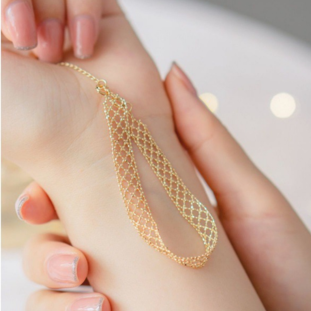 Gold Beaded Mesh Adjustable Minimalist Bracelet Ring Set