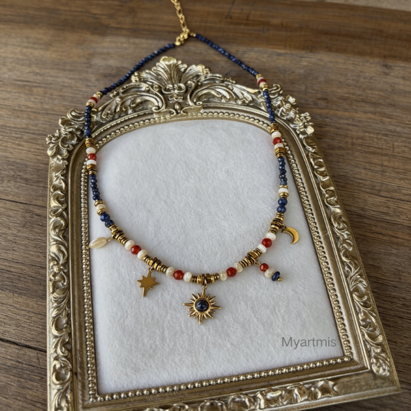Celestial Natural Stone Layering Necklace, Tarnish-Free Star & Moon Choker, 520 Valentine's Gift for Her, Retro Aesthetic Jewelry