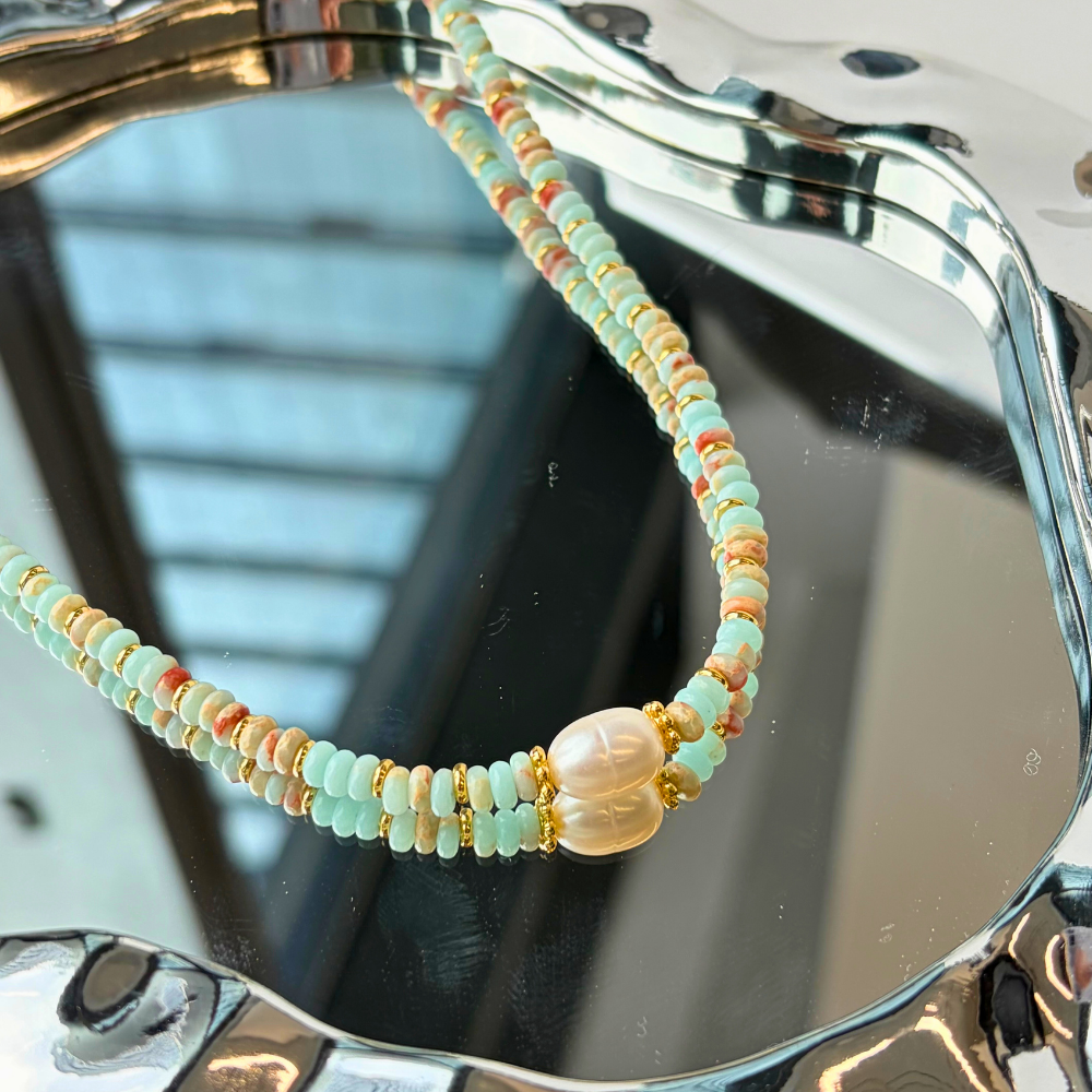 Beaded Layered Design Carved Pearl Centerpiece Necklace