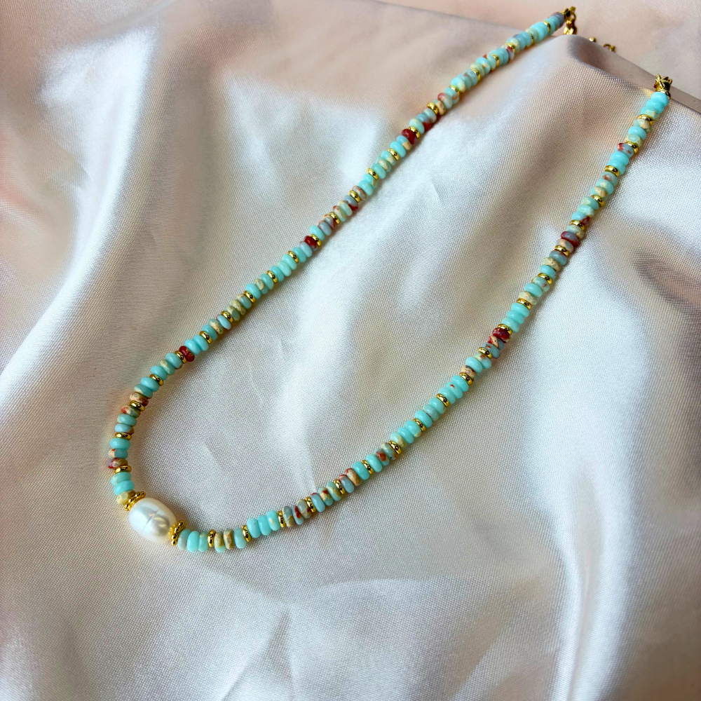 Beaded Layered Design Carved Pearl Centerpiece Necklace