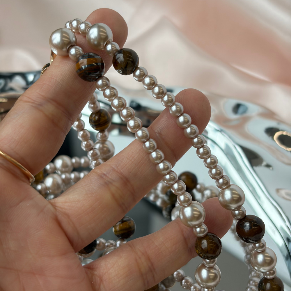 Pastel Beaded Layered Carved Pearl Accent Necklace