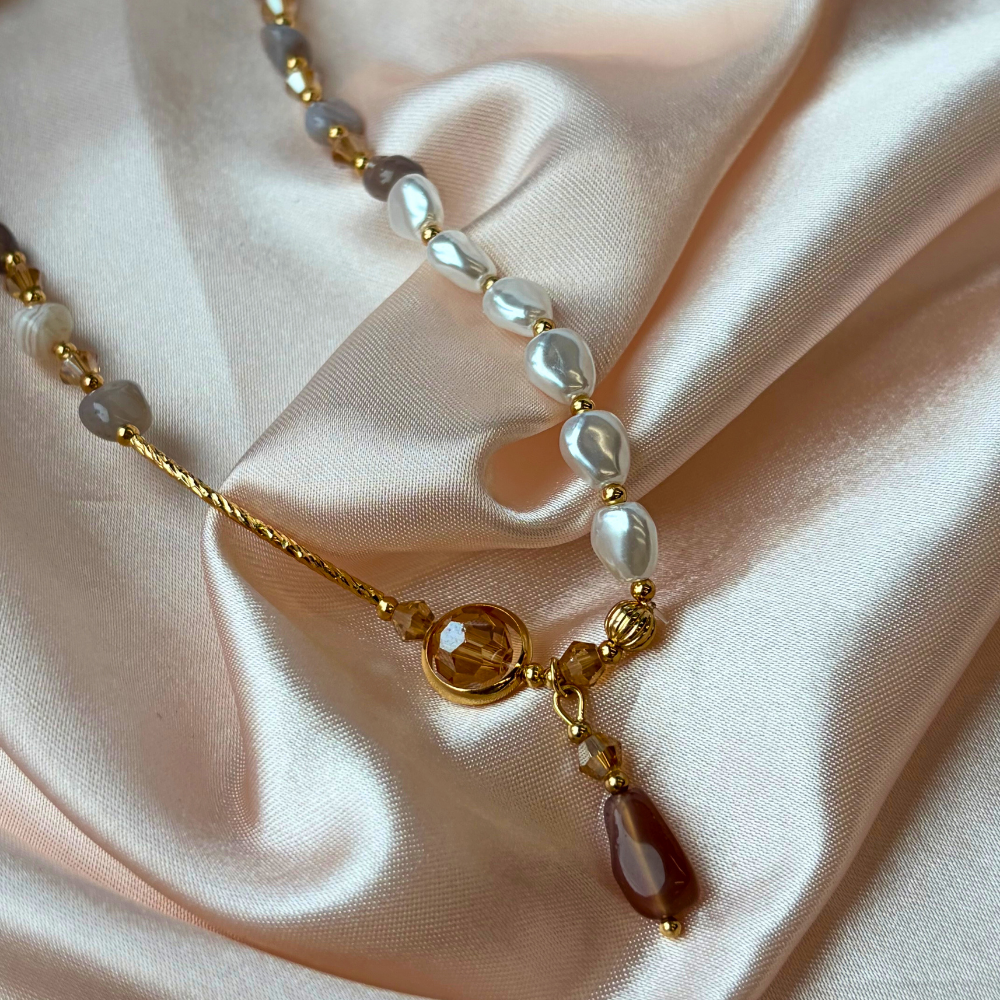 Pearl Agate Gold Beaded Wrap Design Handmade Bracelet