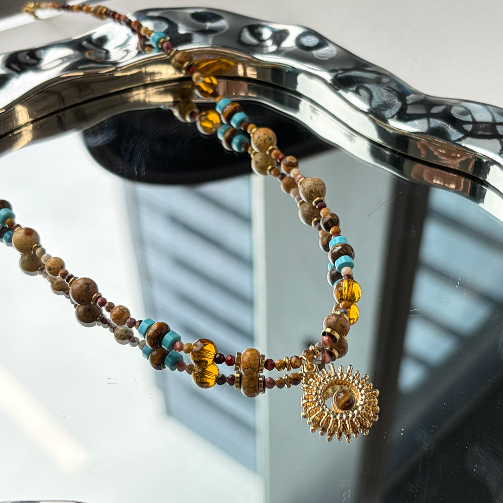 Boho Mixed Bead Sunburst Pendant Artisan Design Necklace