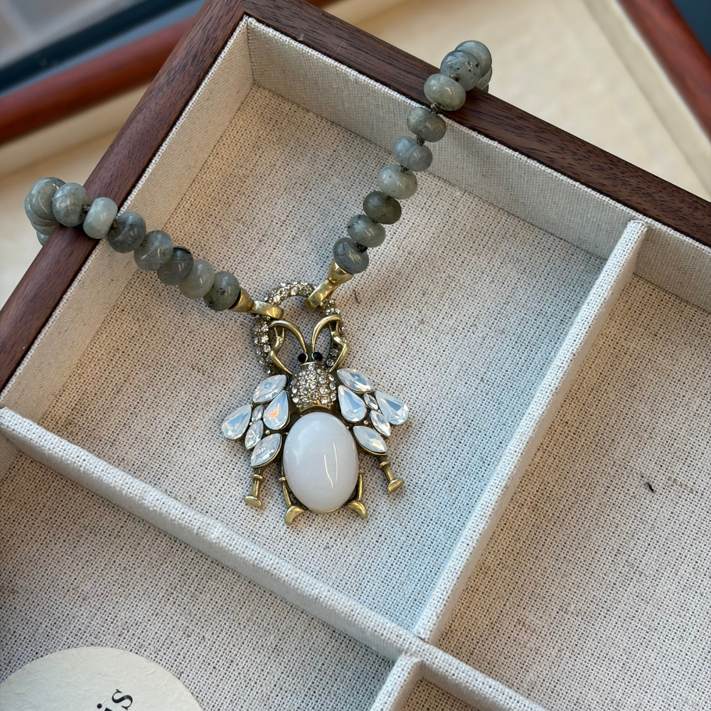 Faceted Grey Bead Strand Vintage Crystal Insect Pendant Necklace