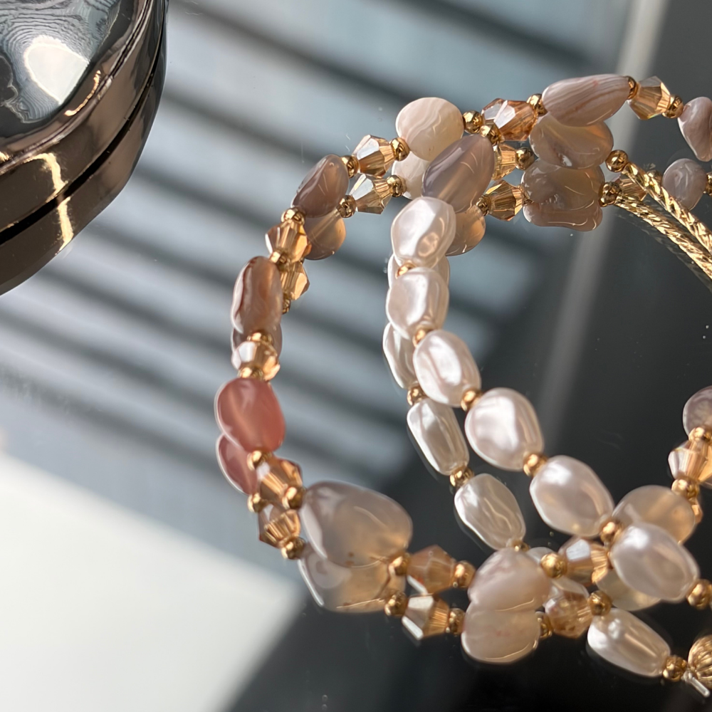 Pearl Agate Gold Beaded Wrap Design Handmade Bracelet