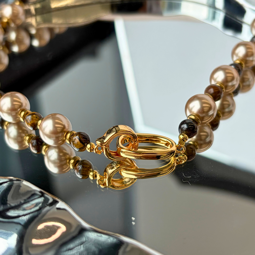 Pearl Alternating Beaded Design Gold Accented Necklace