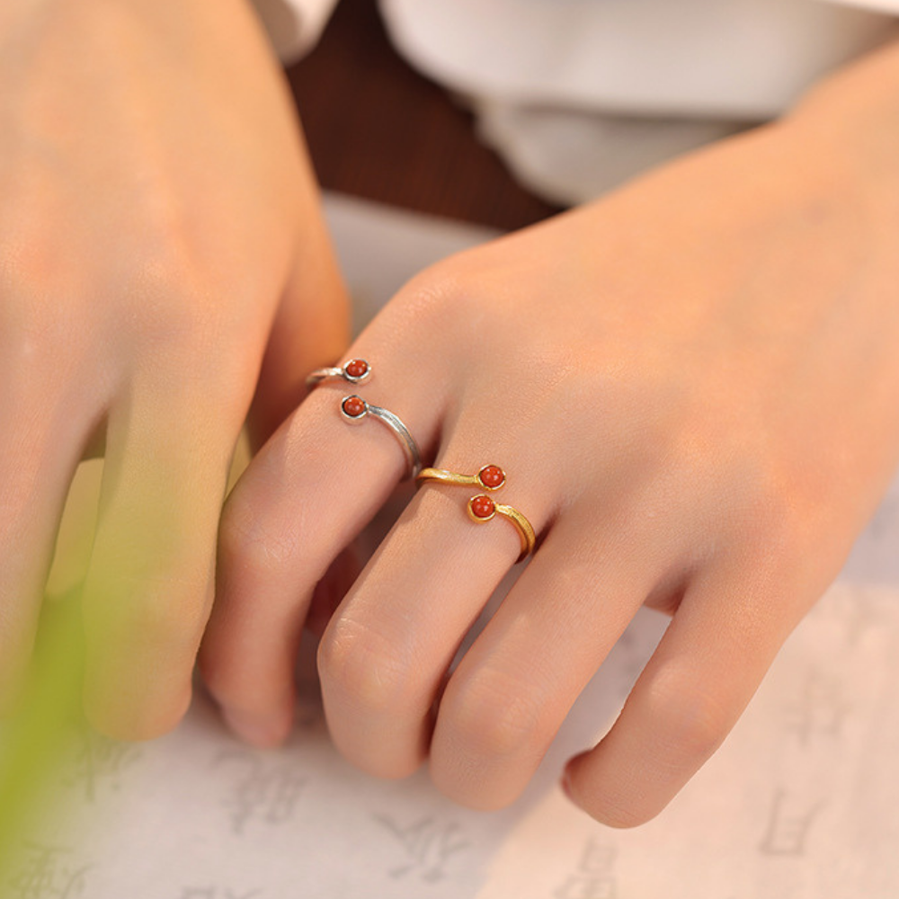 Red Agate Silver Gold Harmony Ring
