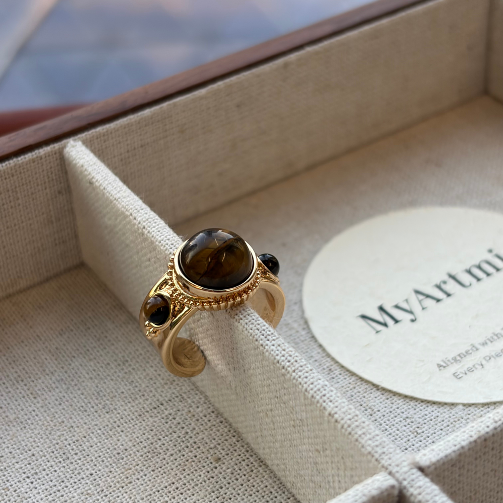 Tiger Eye Gold Vintage Dome Open Adjustable Statement Ring