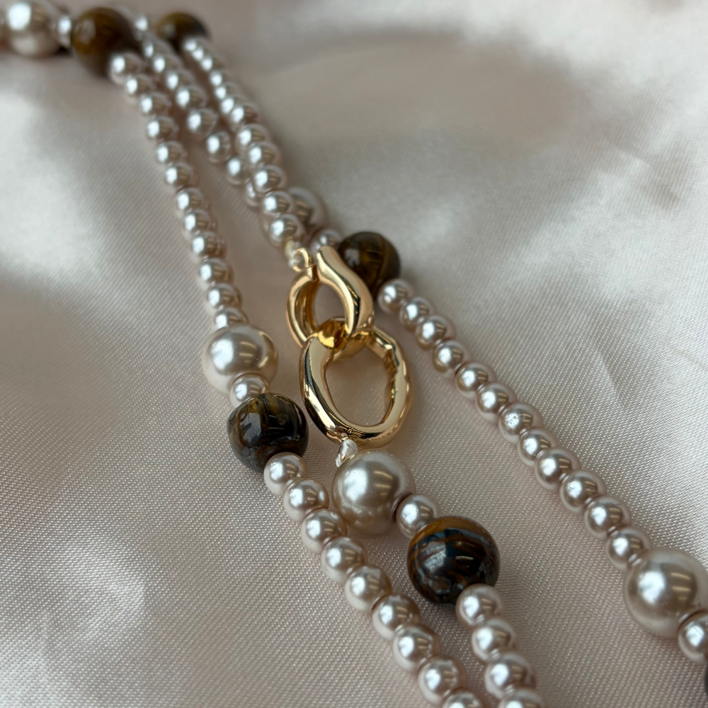 Pastel Beaded Layered Carved Pearl Accent Necklace