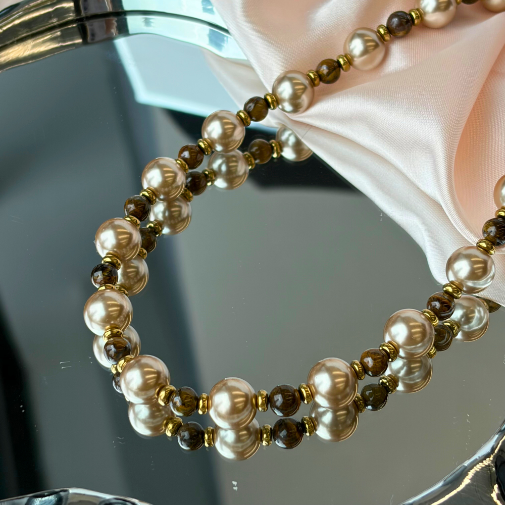 Pearl Alternating Beaded Design Gold Accented Necklace