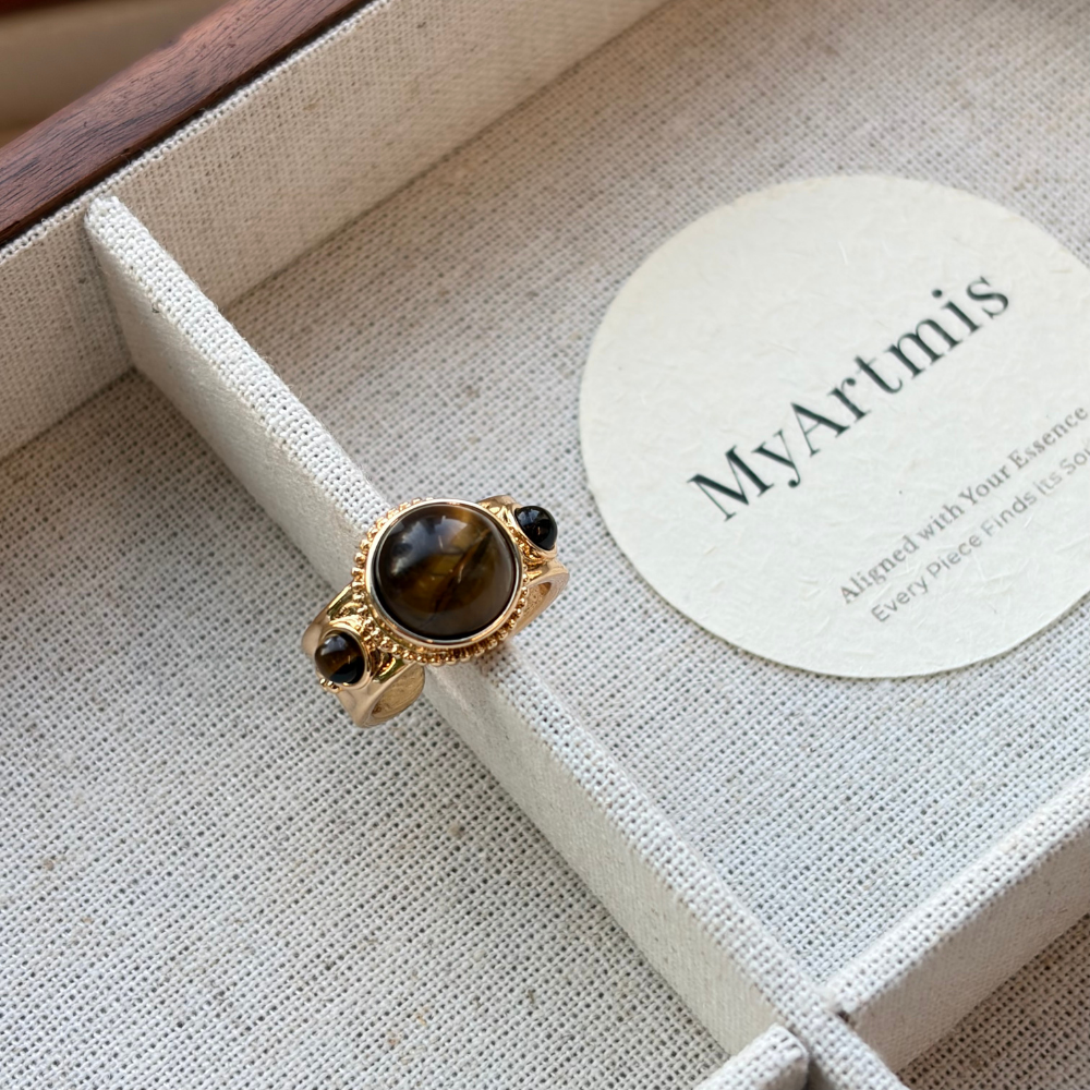 Tiger Eye Gold Vintage Dome Open Adjustable Statement Ring
