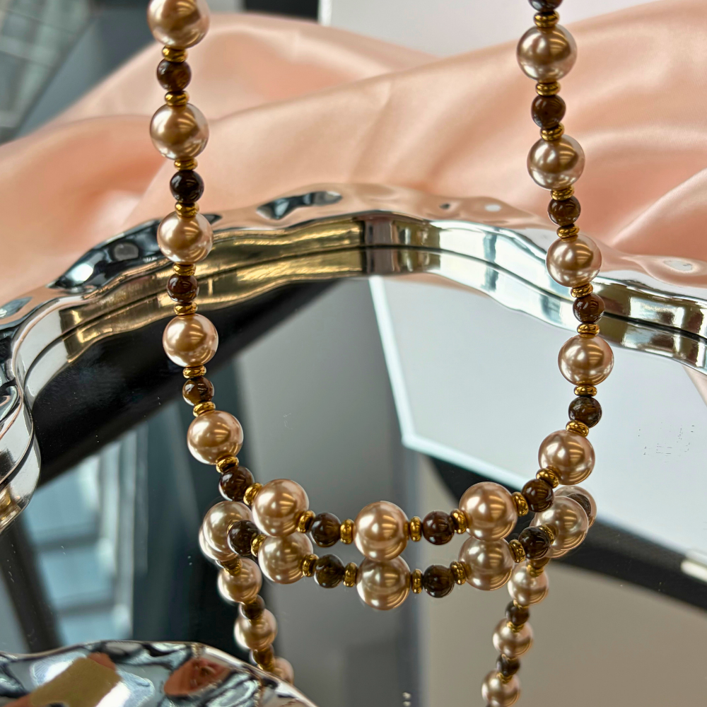 Pearl Alternating Beaded Design Gold Accented Necklace