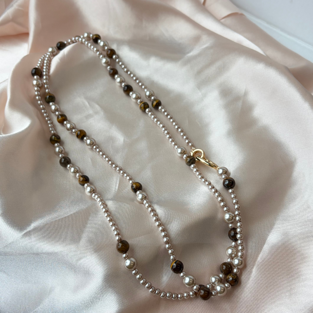 Pastel Beaded Layered Carved Pearl Accent Necklace