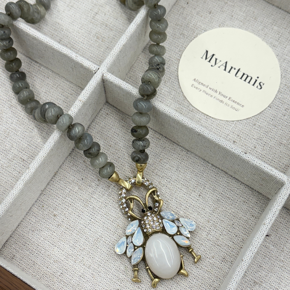 Faceted Grey Bead Strand Vintage Crystal Insect Pendant Necklace