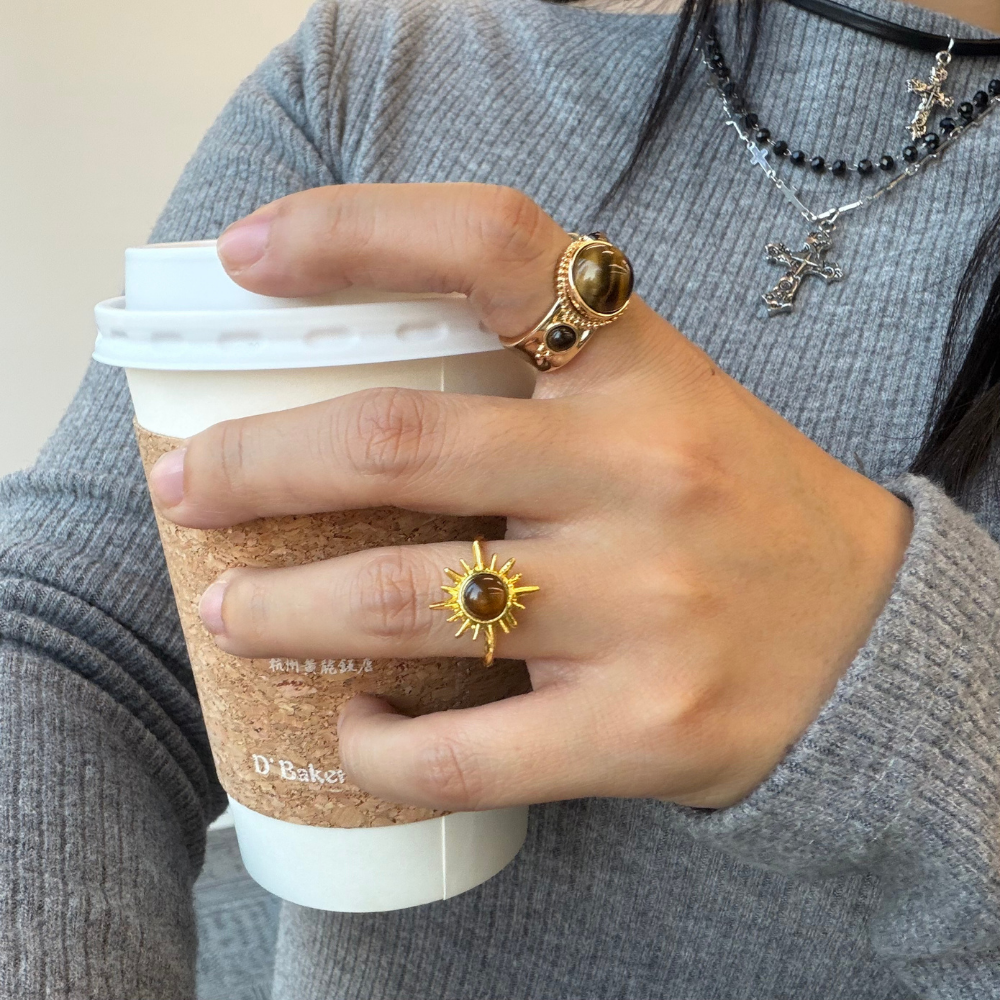 Tiger Eye Gold Vintage Dome Open Adjustable Statement Ring