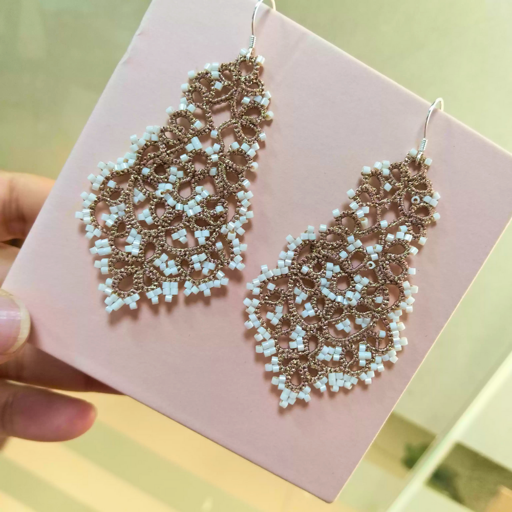 Vintage Lace Pearl Beaded Handmade Filigree Drop Earrings