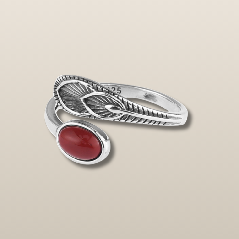 Red Agate Amethyst Turquoise Feather Ring